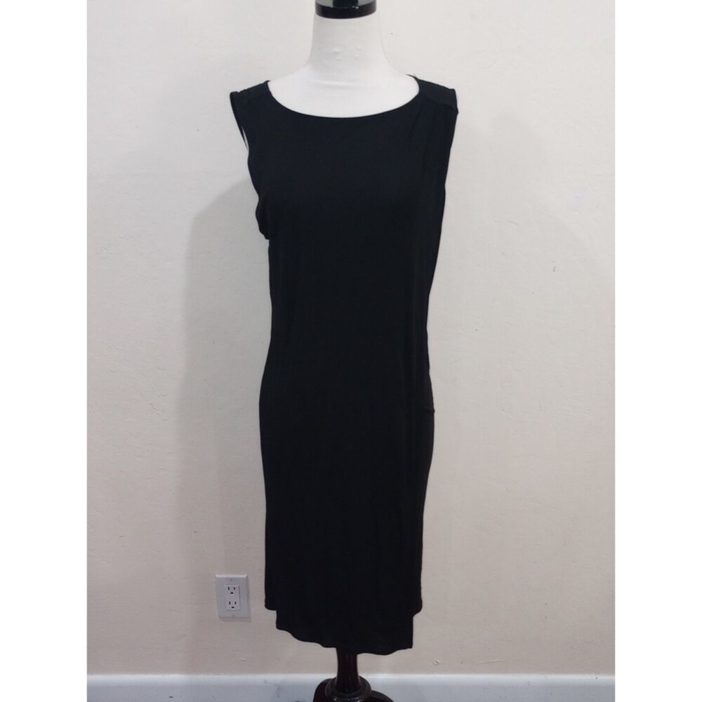 Brochu Walker Black Sleeveless Bateau Neckline Faux Wrap Dress, Size L